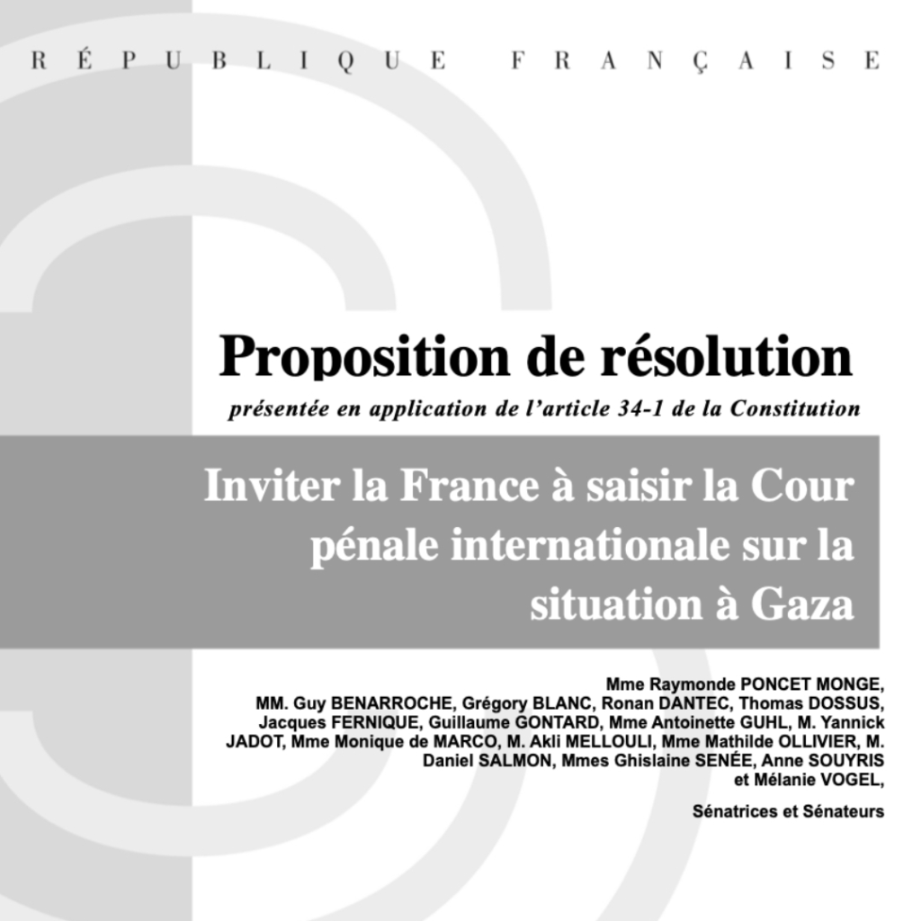 Gaza : Résolution des sénateurs ecologistes demandant à la France de saisir la CPI
